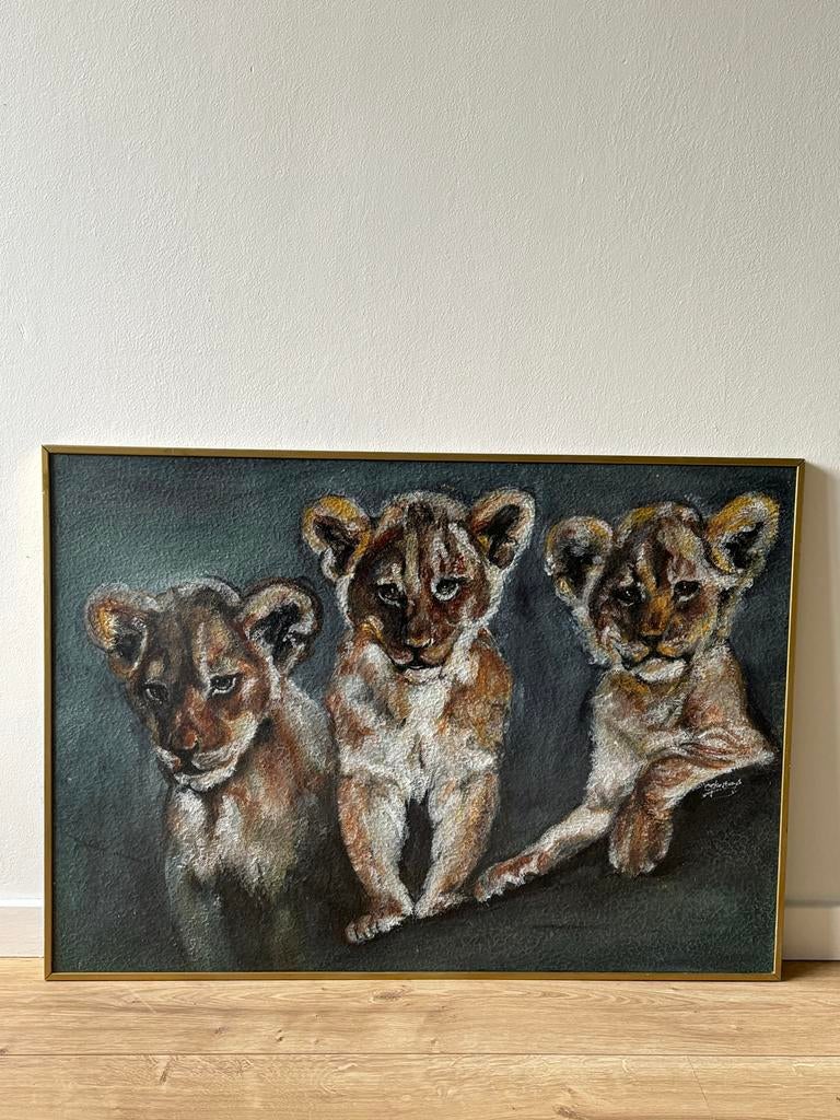 Schilderij met 3 schattige leeuwenwelpen, Ophalen of Verzenden