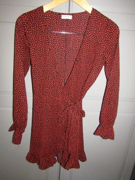 G578 Loavies mt XS jurk tuniek rood zwart chiffon wikkel, Kleding | Dames, Verzenden, Maat 34 (XS) of kleiner, Boven de knie, Rood