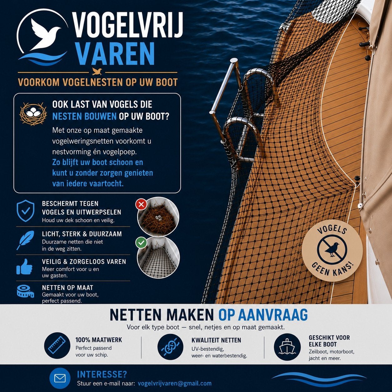 Vogelweringsnetten op maat voor boten, Watersport en Boten, Ophalen of Verzenden, Nieuw, Overige typen