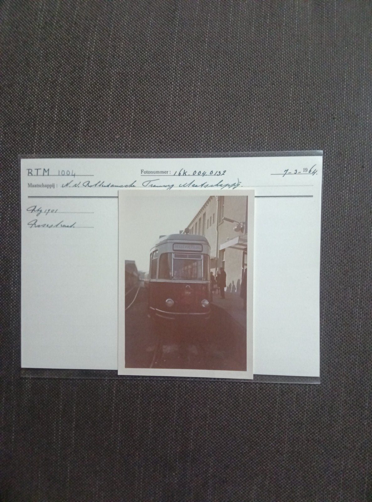 RTM 1004 Tram Foto en Gegevenskaart - 1964, Verzamelen, Ophalen of Verzenden, Gebruikt, Tram, Kaart of Prent