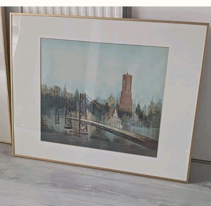 Stadsgezicht met brug en toren, olieverf op doek, Ophalen of Verzenden