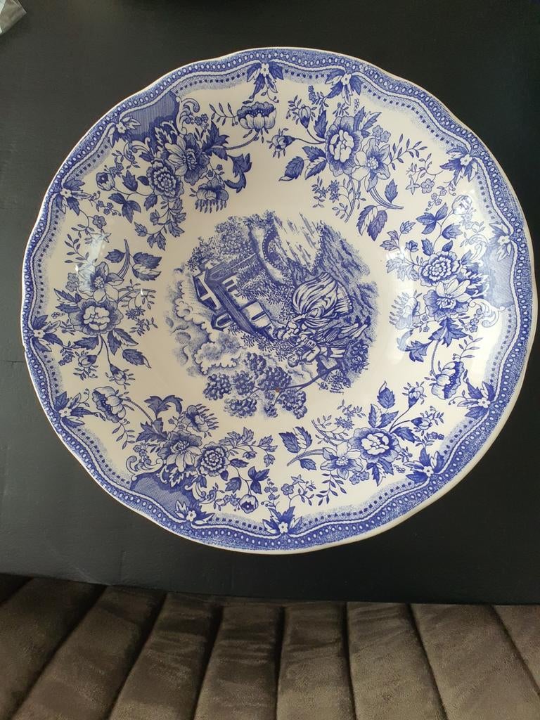 Antieke Ironstone Schaal - Blauw en Wit Bloemmotief, Ophalen of Verzenden