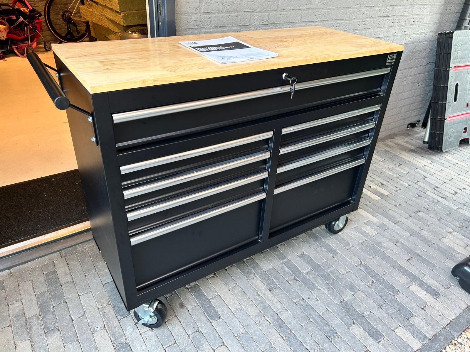 HBM Mobiele Gereedschapswagen met Houten Werkblad, Ophalen, Zo goed als nieuw