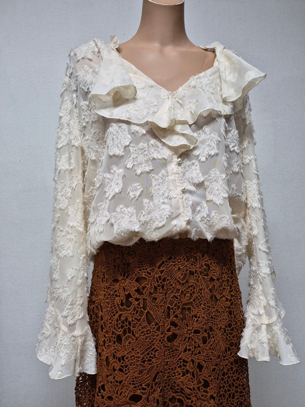 Ivory blouse chiffon L-xl boheme ibiza chique voillant, Kleding | Dames, Ophalen of Verzenden, Zo goed als nieuw, Maat 46/48 (XL) of groter