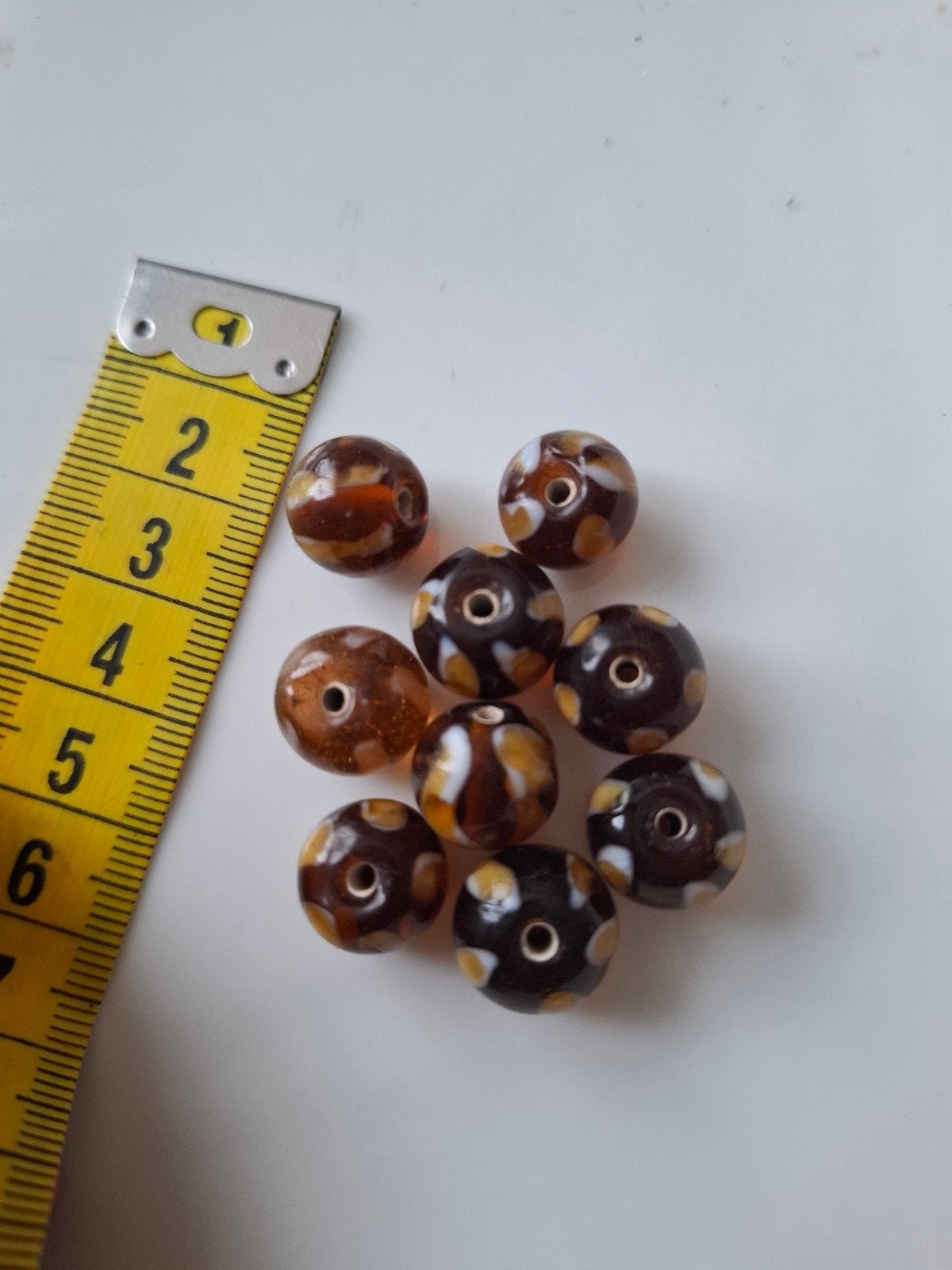 9 stuks 11/12 mm lampwork glaskralen bruin wit oranje kralen, Kraal, -, -, Nieuw