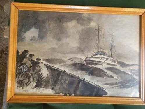 Tekening met aquarel reddingsboot komt zinkend schip te hulp, Ophalen