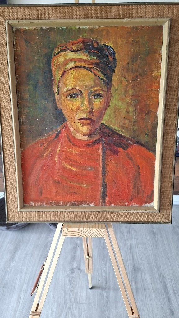 Modern Portret – Olieverfschilderij Vrouw met Hoofddoek, Ophalen, Doek, Portret of Personen, Origineel werk