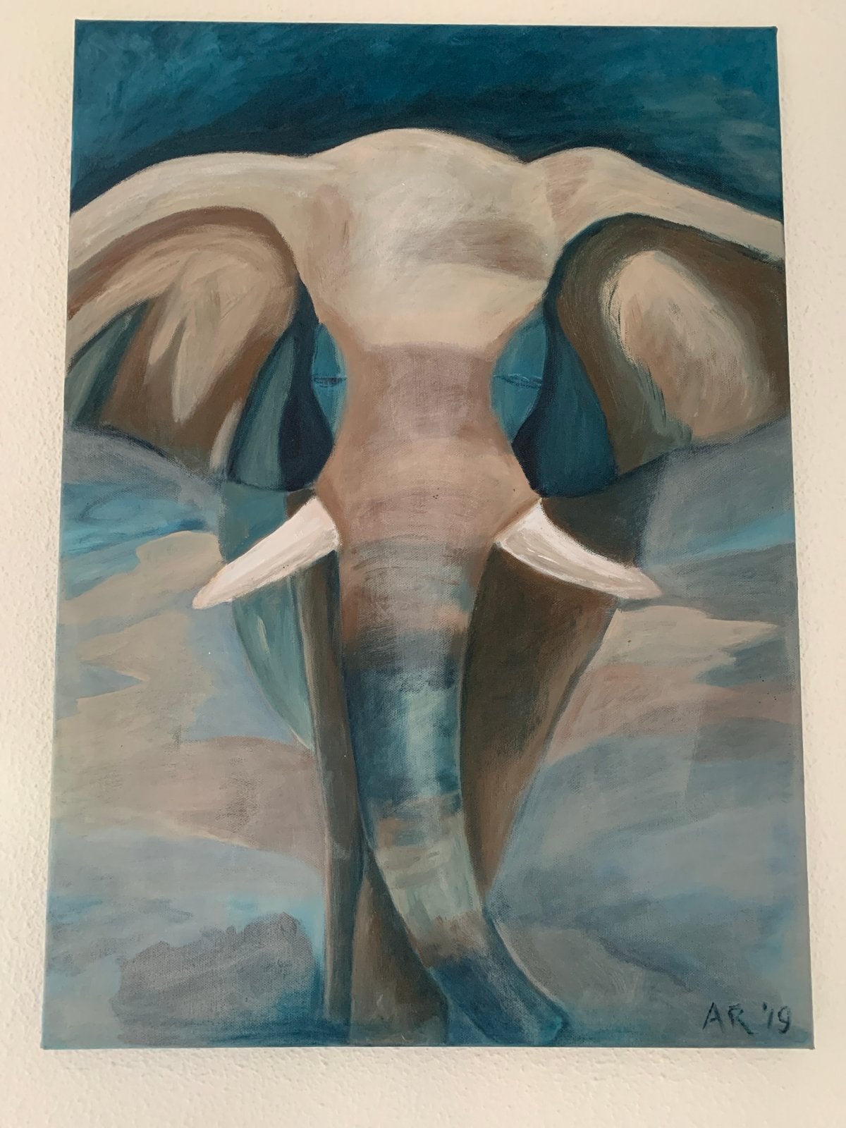 Handgeschilderd schilderij acrylverf olifant 50x70, Acrylverf, Handgeschilderd, Ophalen of Verzenden, Dieren