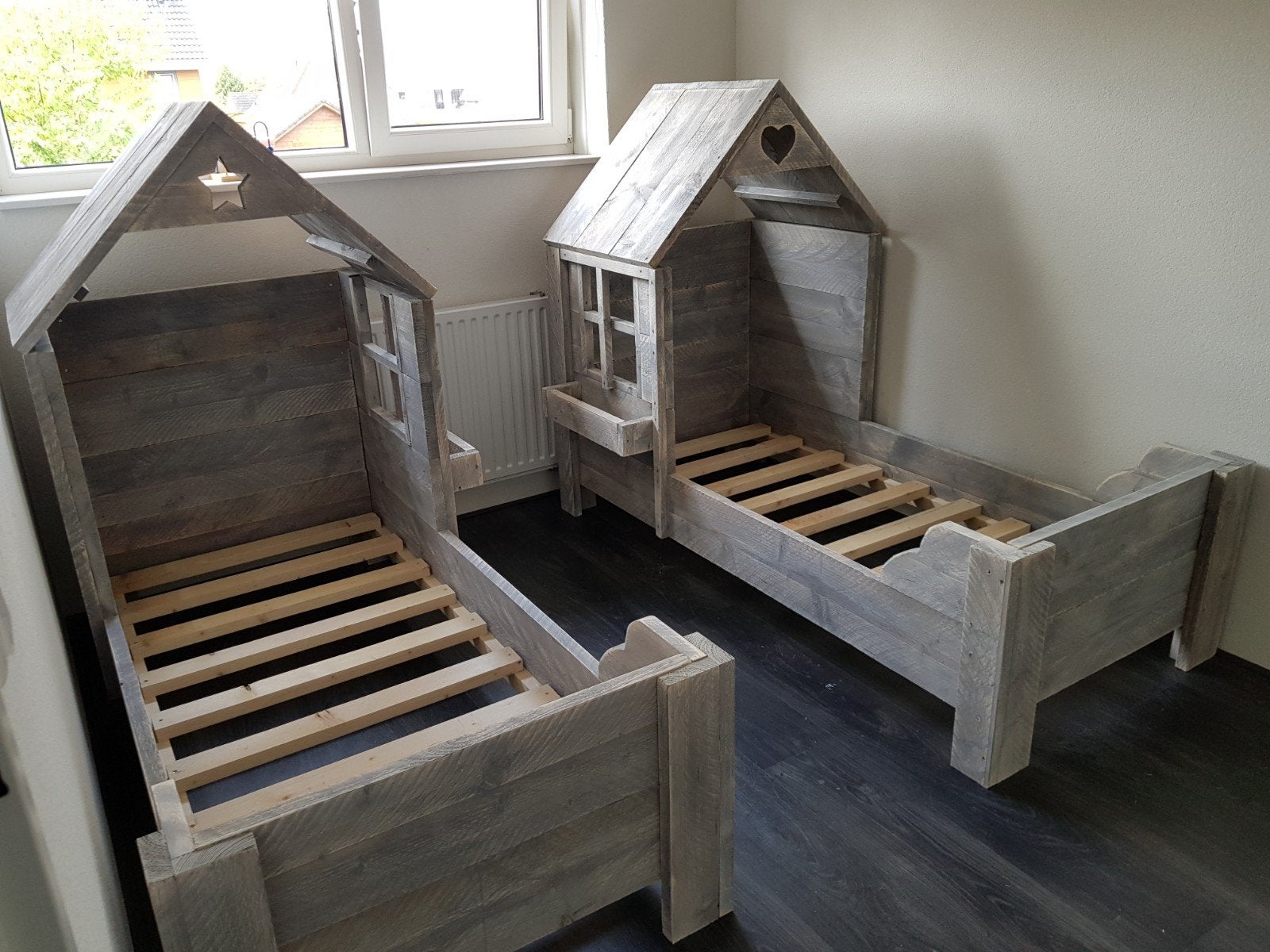 Peuter huisje bed steigerhout, Ophalen, 180 cm of meer, 85 tot 100 cm, Lattenbodem