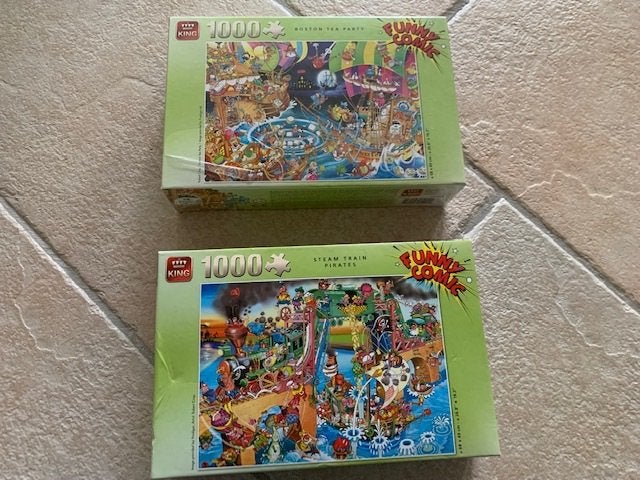 Puzzel 1000 stuks Funny comic Steam train pirates en Boston, Ophalen of Verzenden, 500 t/m 1500 stukjes, Gebruikt
