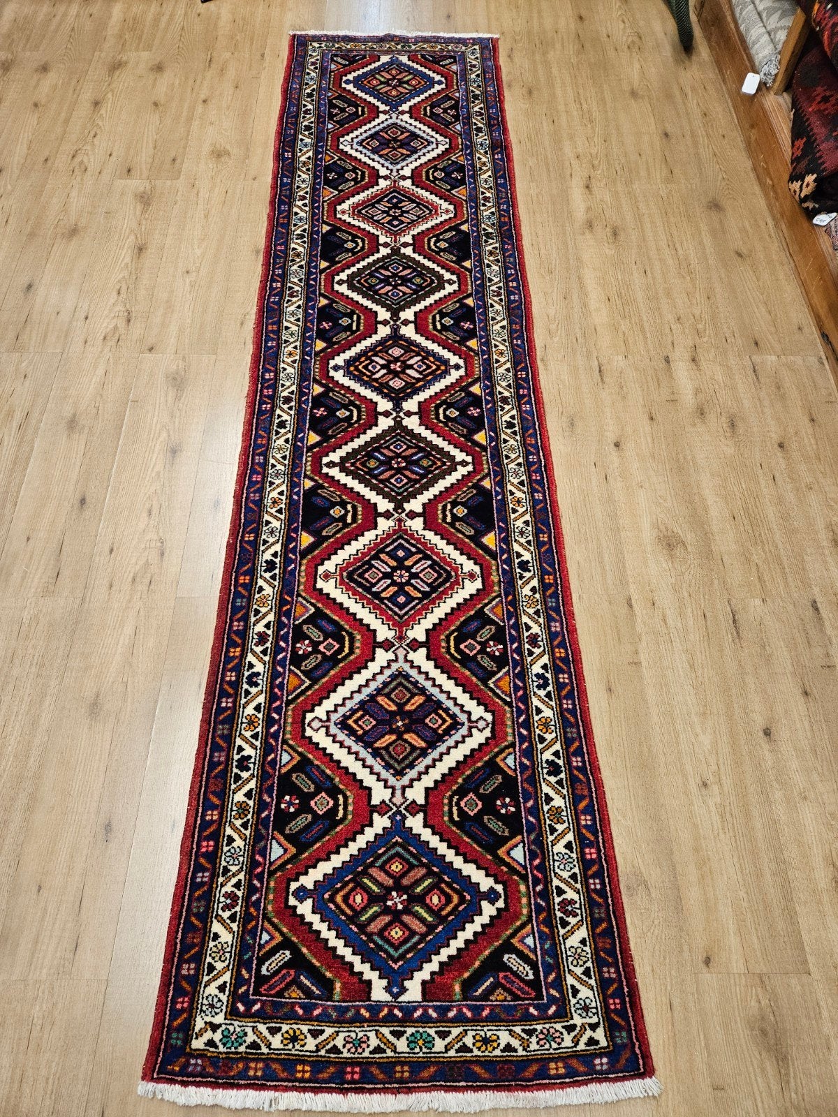 Vintage handgeknoopt perzisch tapijt loper hamadan 305x72, Huis en Inrichting, Stoffering | Tapijten en Kleden, Info@SlatsAntiek.nl