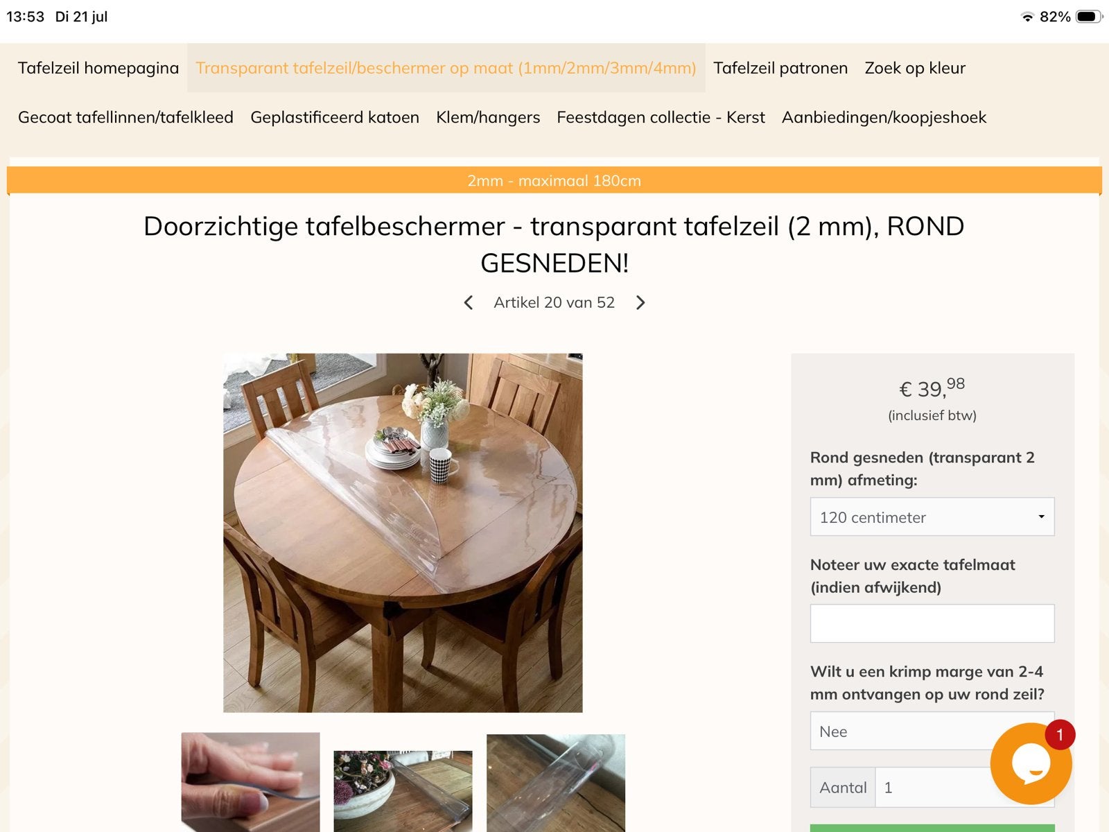 Transparant rond tafelzeil 2mm - 120 cm, Huis en Inrichting, Ophalen, Rond, Nieuw, Overige kleuren