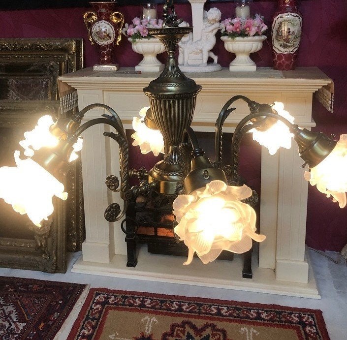 Antieke barok kroonluchter brons met 6x rozen / bloemen, Ophalen, Gebruikt, Glas