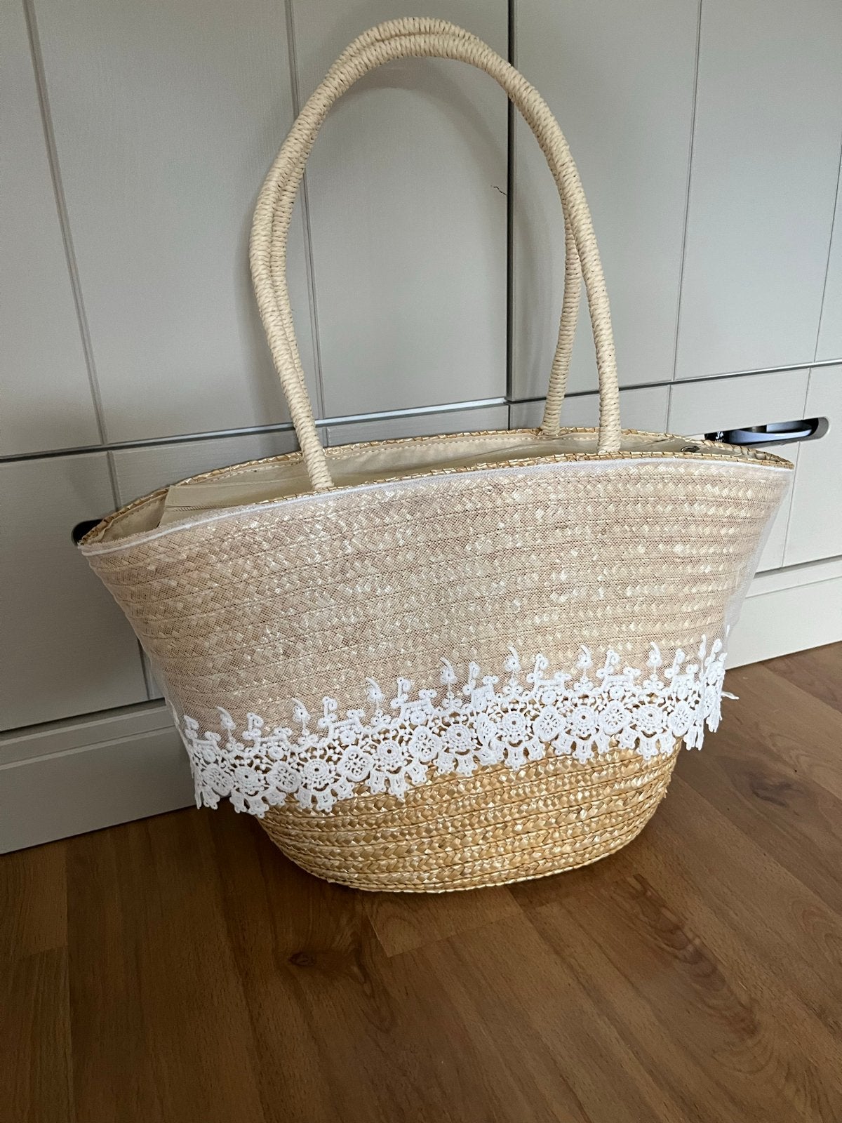 Nieuwe rieten strandtas/schoudertas met kant, Ophalen of Verzenden, Nieuw, Beige, Shopper