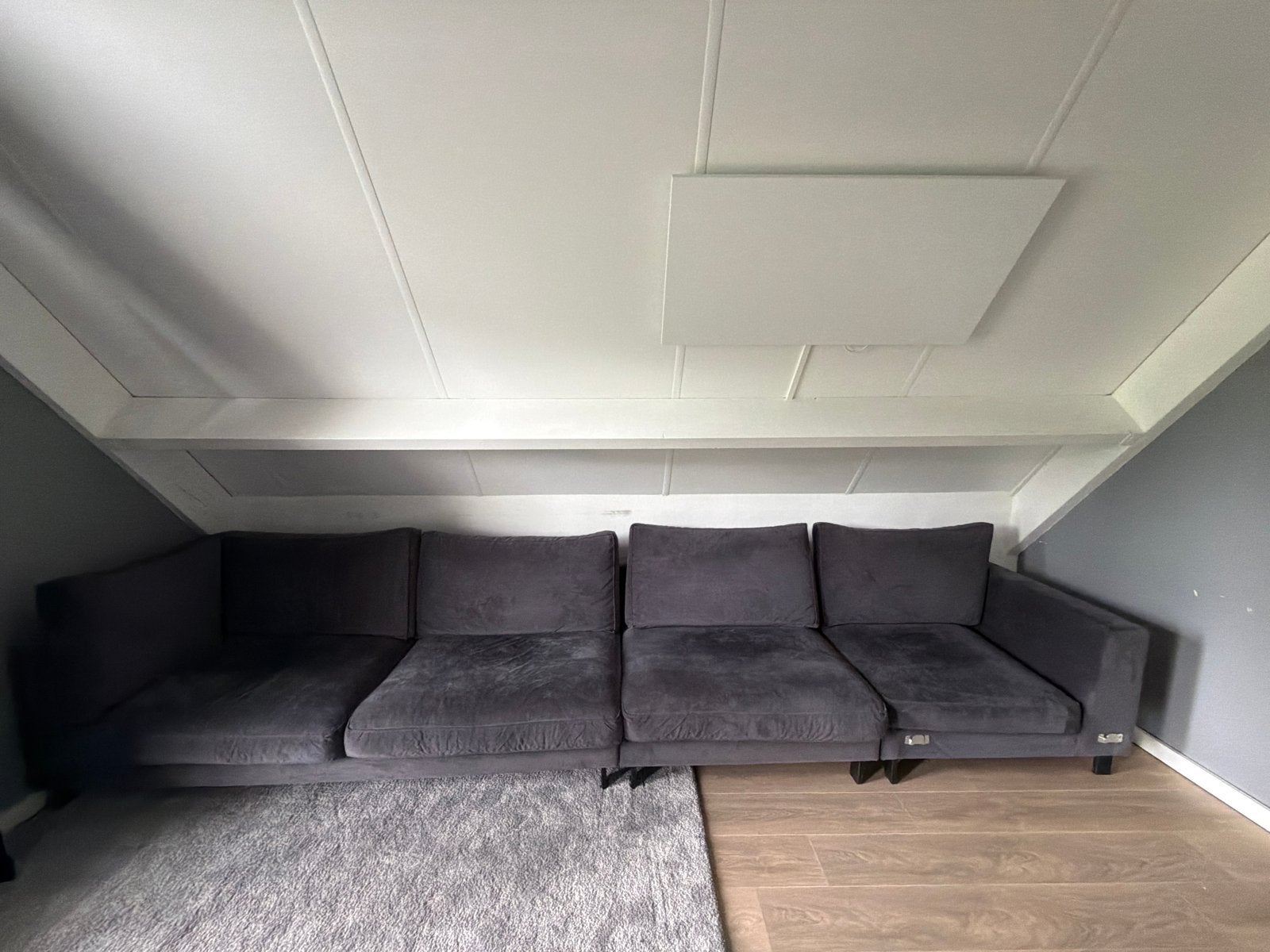 Nette grote donkergrijze velours bank - 6 persoons, Ophalen, Gebruikt, 300 cm of meer, 75 tot 100 cm