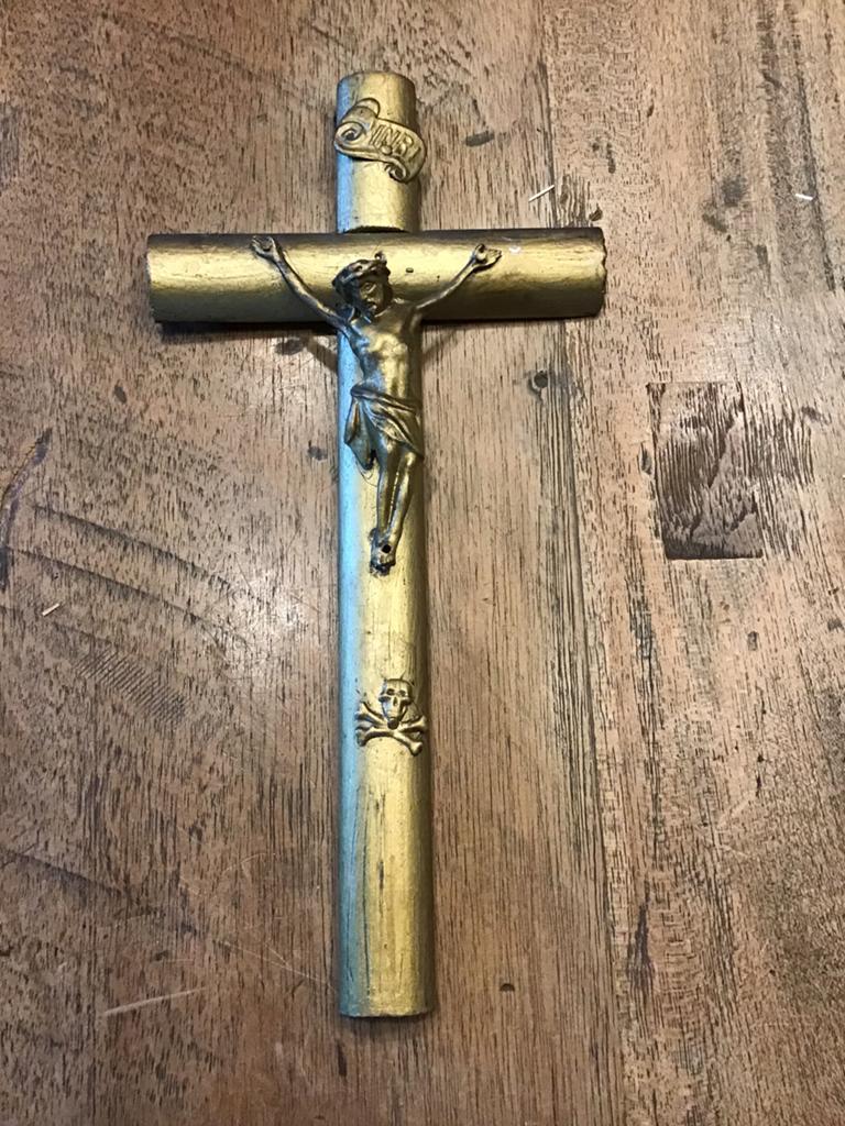 Oud verguld houten kruis met corpus, Verzamelen, Religie, Ophalen of Verzenden, Zo goed als nieuw