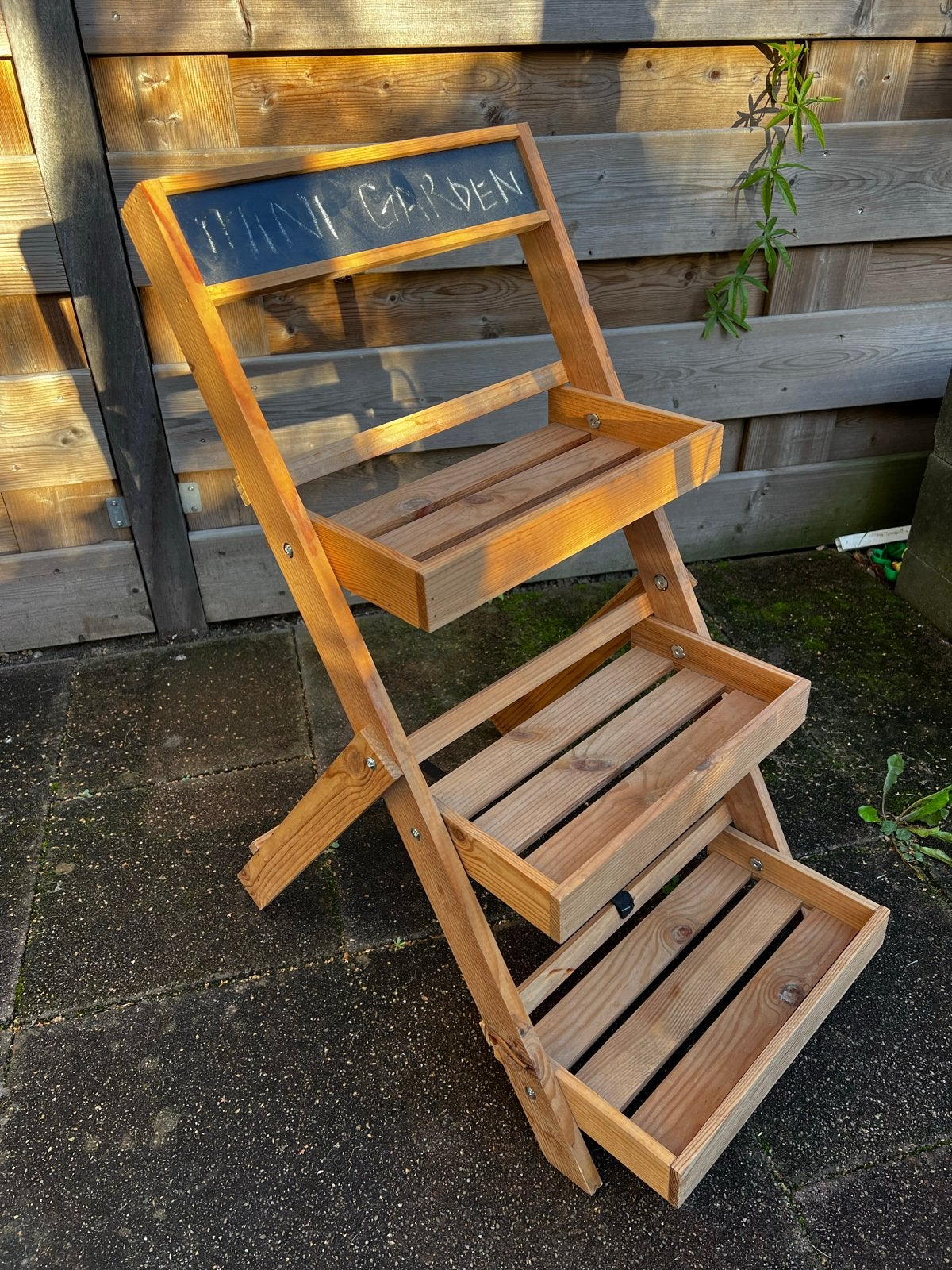 Houten plantenrek met krijtbord, Tuin en Terras, Ophalen, Gebruikt, Balkon, Minder dan 60 cm