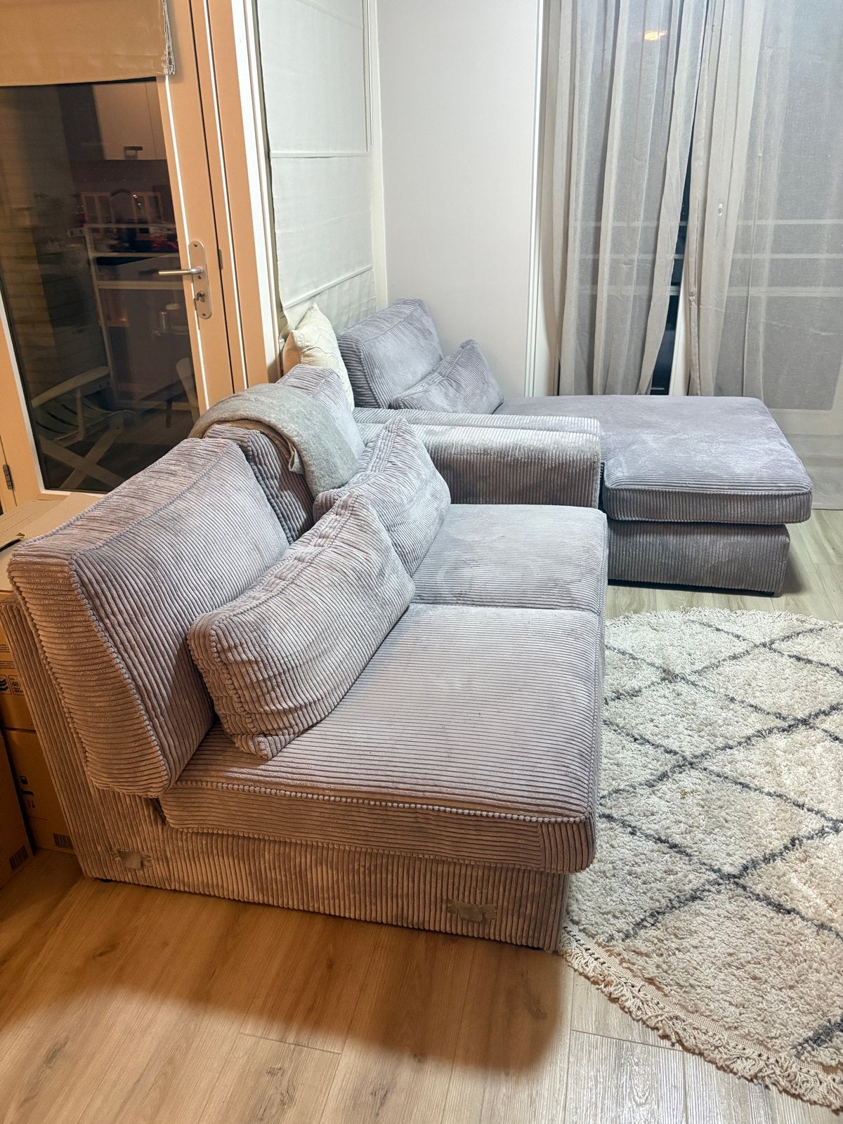 Comfortabele grijze ribstof loungebank met chaise longue, Ophalen, Gebruikt, Stof
