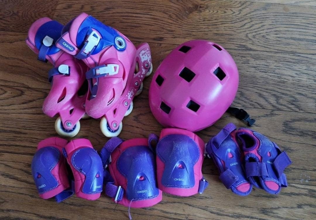 Roze Oxelo rolschaatsen set met helm en beschermers, Ophalen, Verstelbaar, Gebruikt, Kinderen