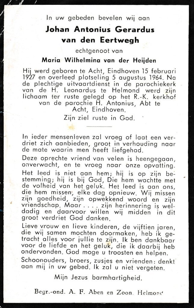 Eertwegh Johan 1927 Acht 1964, Verzamelen, Bidprentjes en Rouwkaarten, Ophalen of Verzenden, Bidprentje
