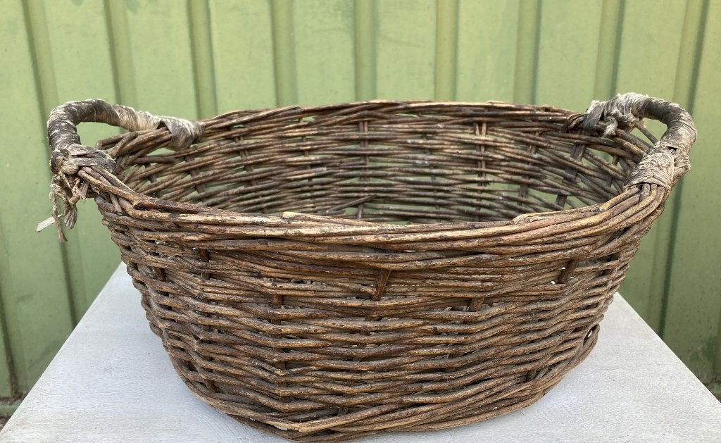 Brocante oud rond rieten mandje met handvatten, Ophalen, Gebruikt, Mand, Rond
