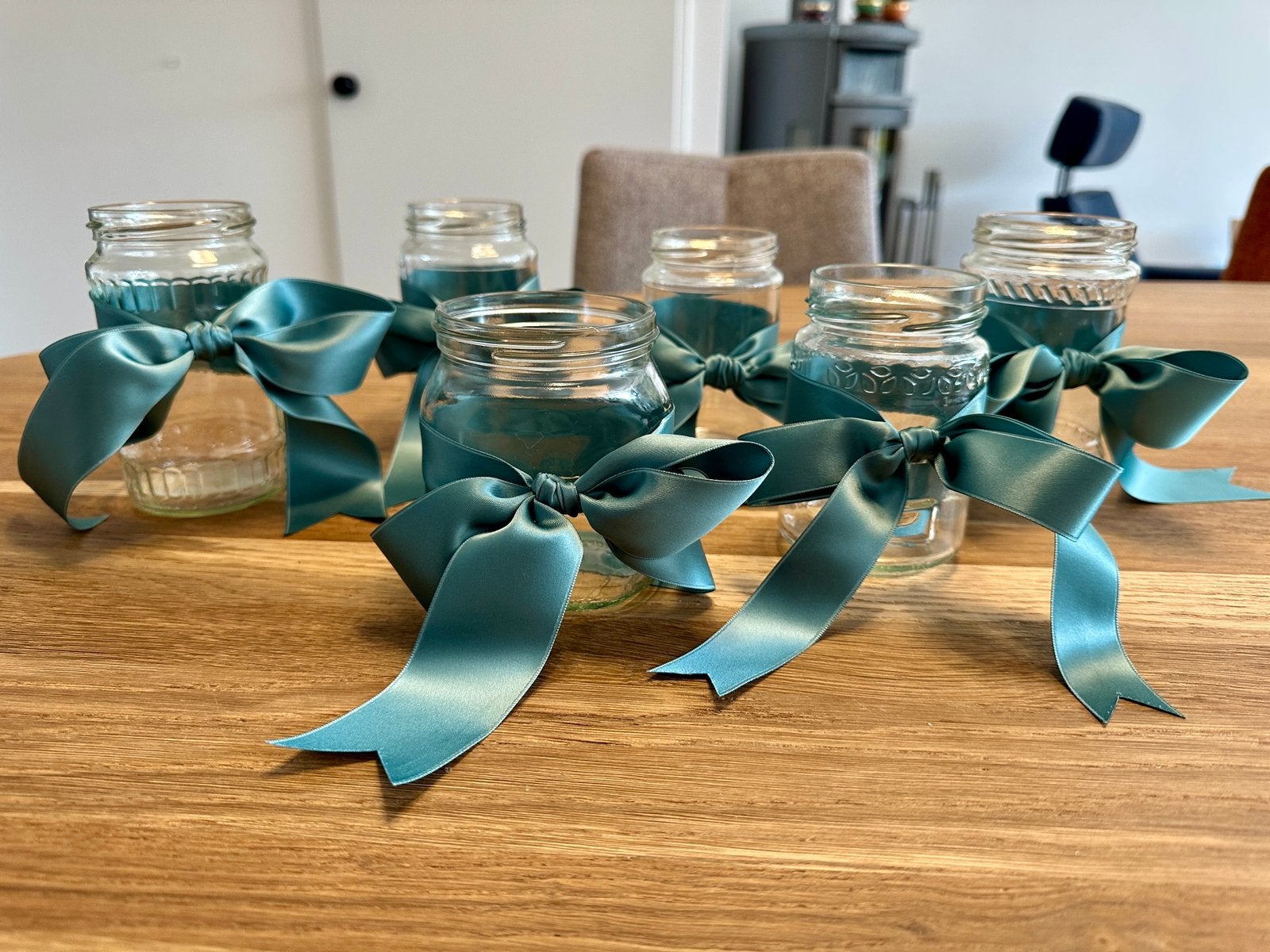 Leuke glazen potjes met strik, Ophalen, Gebruikt, Transparant, Glas