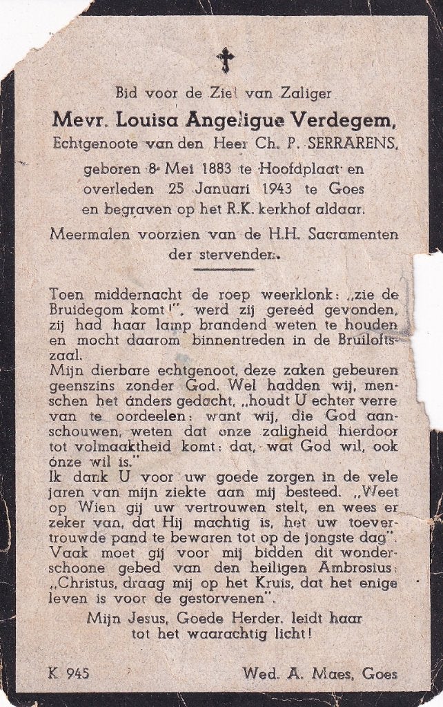 Verdegem Louisa 1883 Hoofdplaat 1943 Goes, Ophalen of Verzenden, Bidprentje
