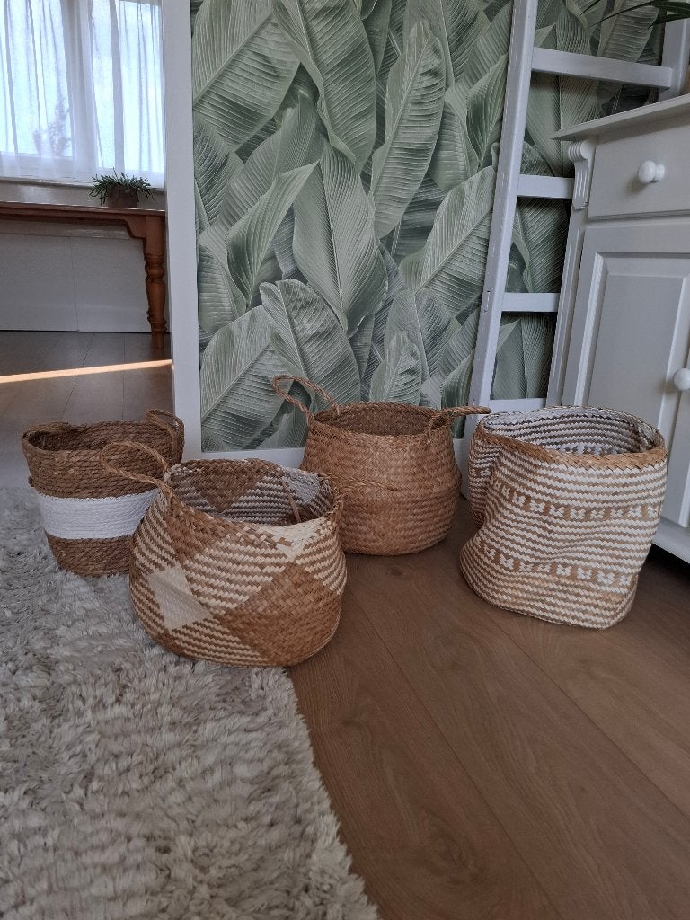landelijke ibiza boho manden 4 stuks riet wit, Mand, Rond, Ophalen of Verzenden, Zo goed als nieuw