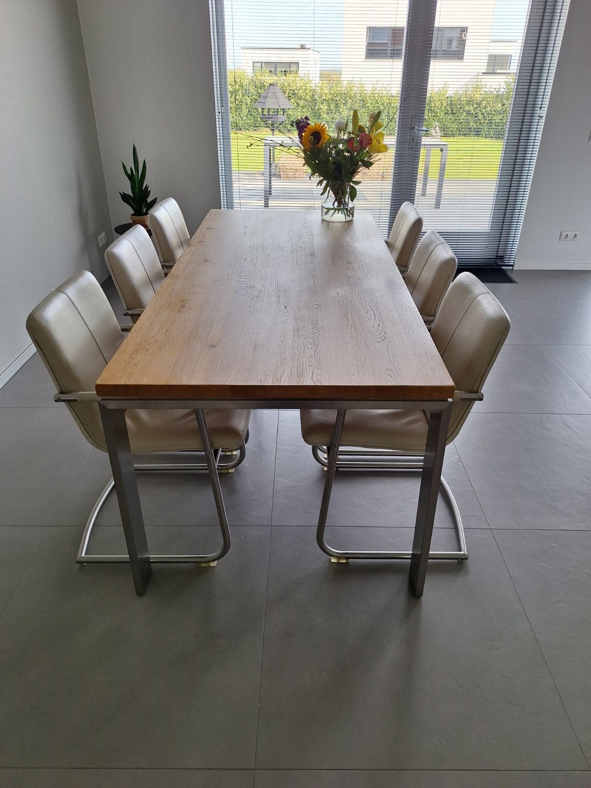 Eikenhouten eettafel (180x90) met 6 leren stoelen, Ophalen, Gebruikt, 50 tot 100 cm, Vijf personen of meer