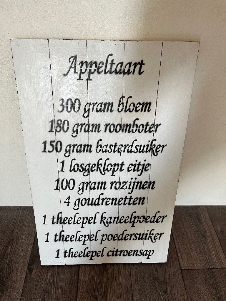 Tekstbord appeltaart recept voor in de keuken., Tekstbord, Met ophangmogelijkheid, 50 cm, 80 cm