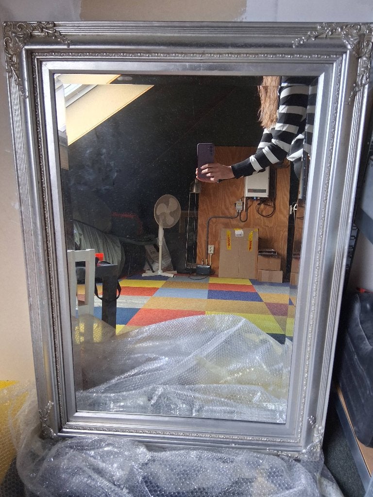 Grote zilveren spiegel met sierlijke lijst, Ophalen, Gebruikt, 75 tot 100 cm, 150 tot 200 cm