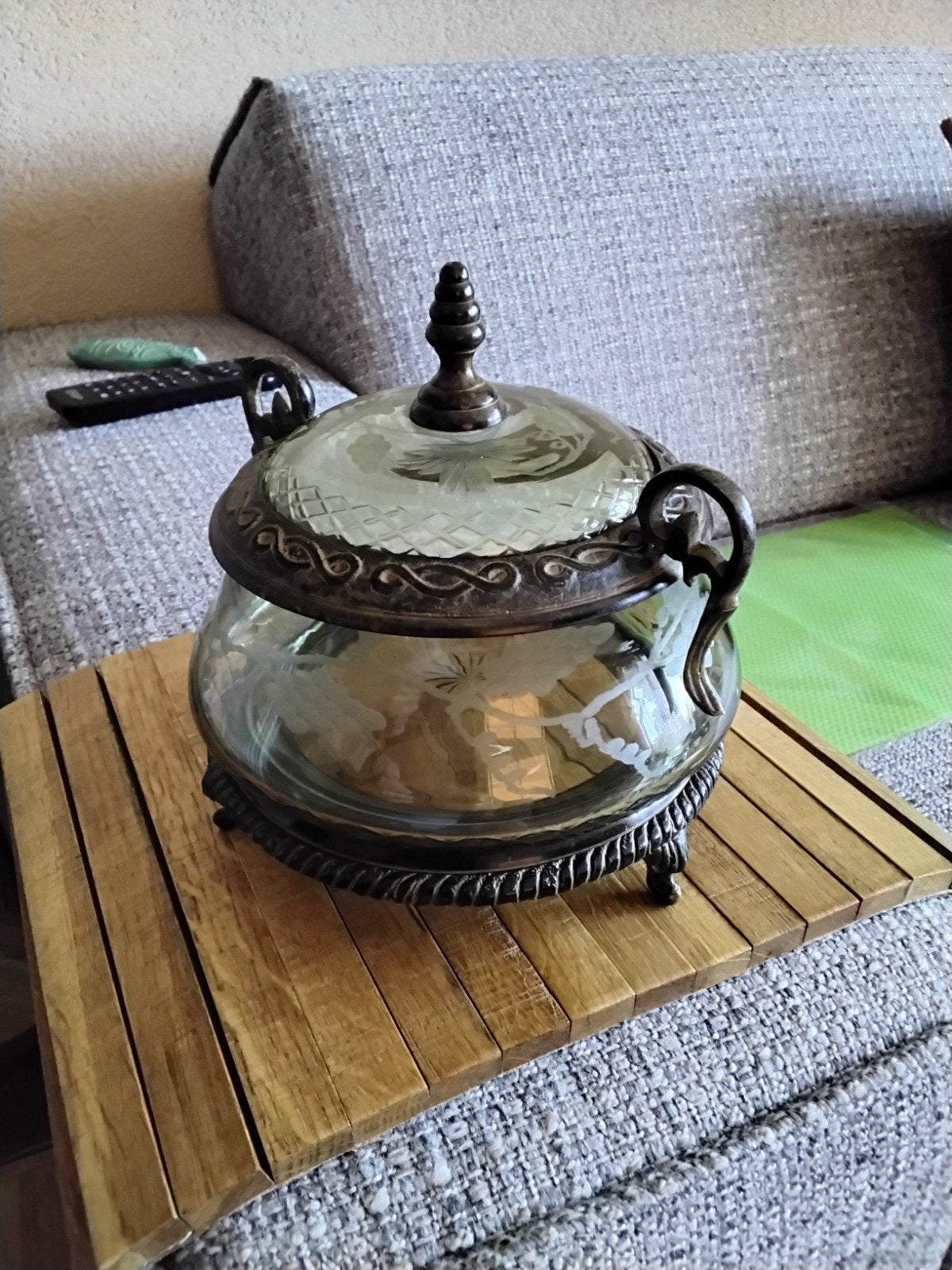 glazen pot met metalen frame en deksel, Ophalen of Verzenden