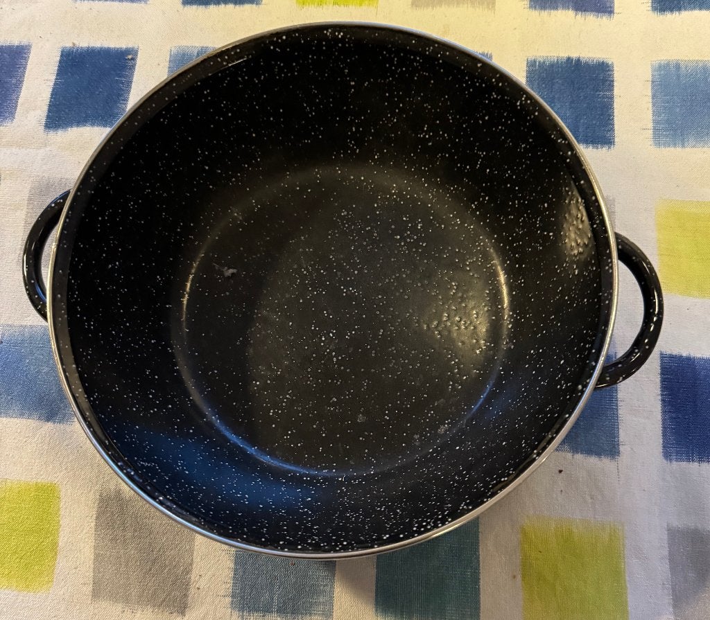 Spaanse geëmailleerde stoof- of braadpan, Huis en Inrichting, Braadpan, Met handvatten, Ophalen of Verzenden, Zo goed als nieuw