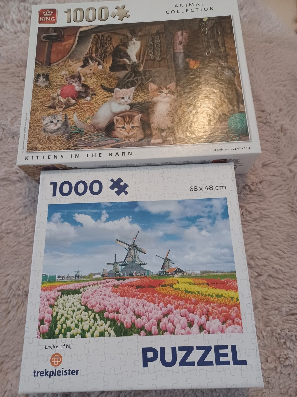 2 Legpuzzels van 1000 stukjes: Katjes & Tulpenvelden, Ophalen, 500 t/m 1500 stukjes, Gebruikt, Legpuzzel