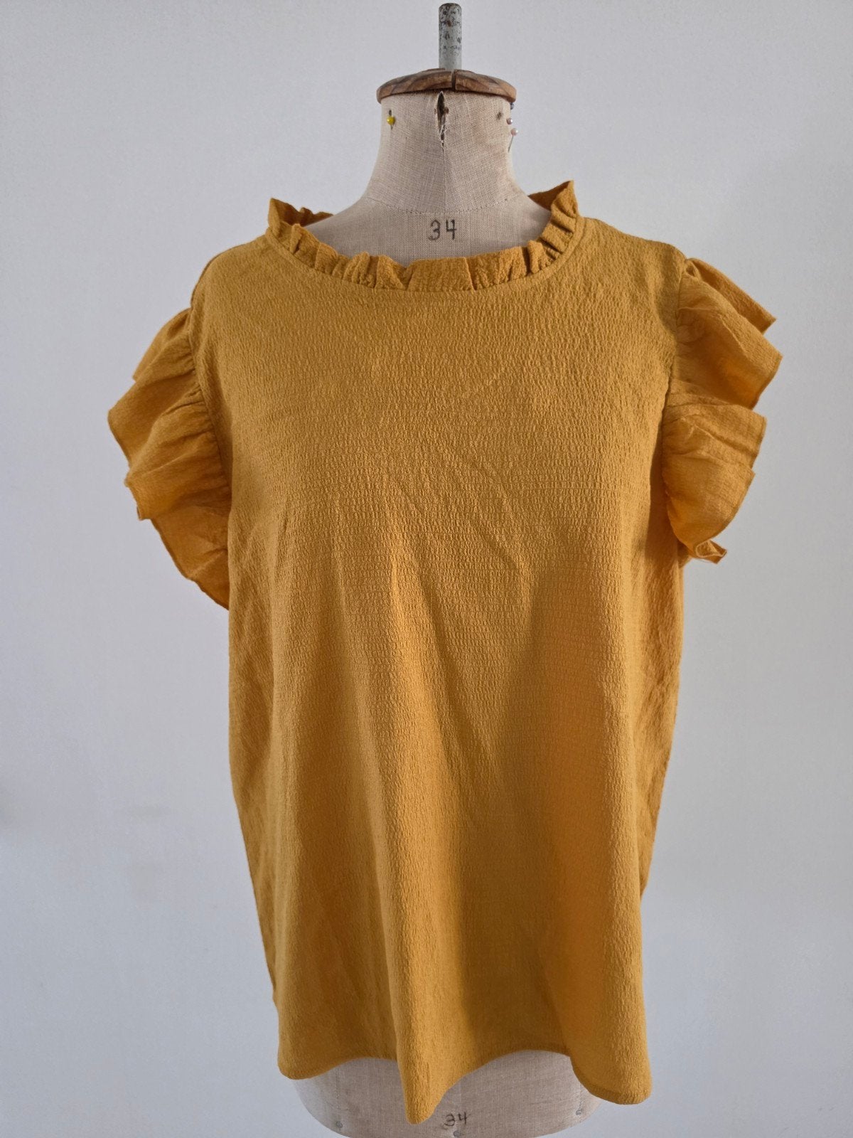 Shein Gele Blouse met Ruches en Korte Mouwen - Maat XL, Geel, Maat 46/48 (XL) of groter, Ophalen of Verzenden, Zo goed als nieuw