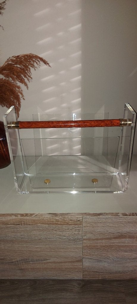 Vintage Plexiglas & Messing Tijdschriftenrek - David Lange, Met handvat, Gebruikt, Tijdschriftenrek, Kunststof