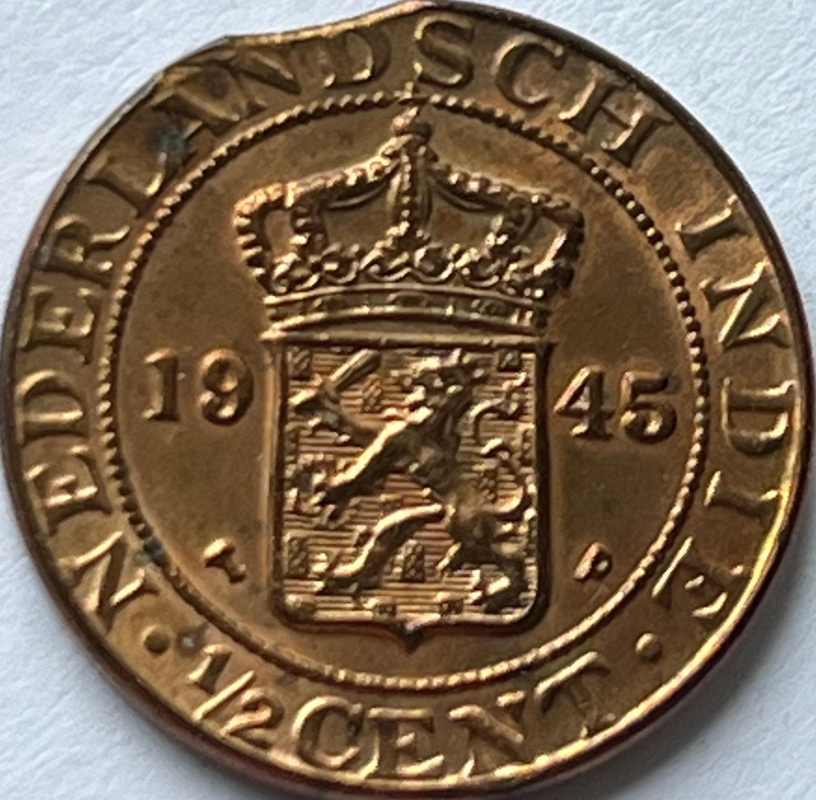 Nederlands-Indië schitterende halve cent 1945 misslag, Postzegels en Munten, Munten | Nederland, Ophalen of Verzenden, Koningin Wilhelmina