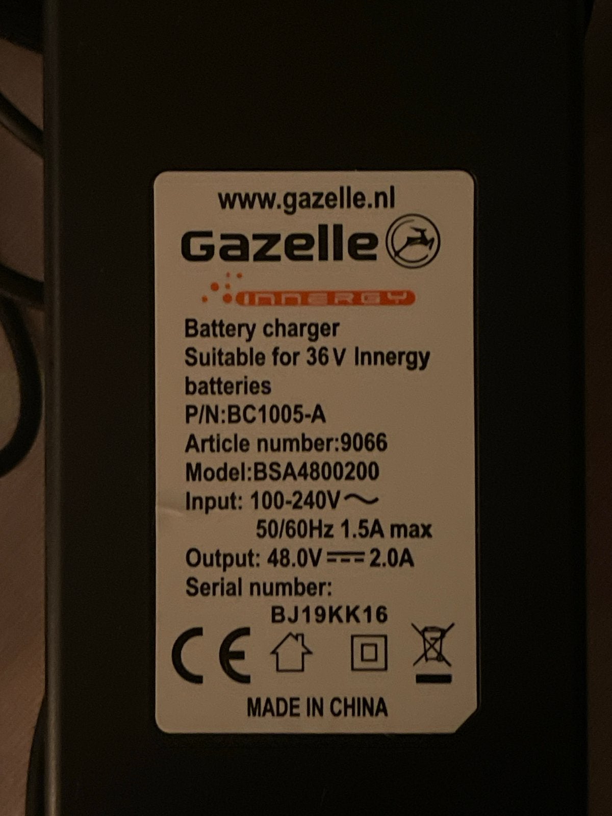 Gazelle Innergy Acculader 36V - Model BSA4800200, Gebruikt