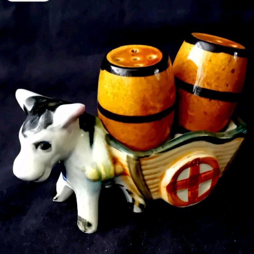Vintage zout- en peperstrooiers ezel met kar, Ophalen of Verzenden
