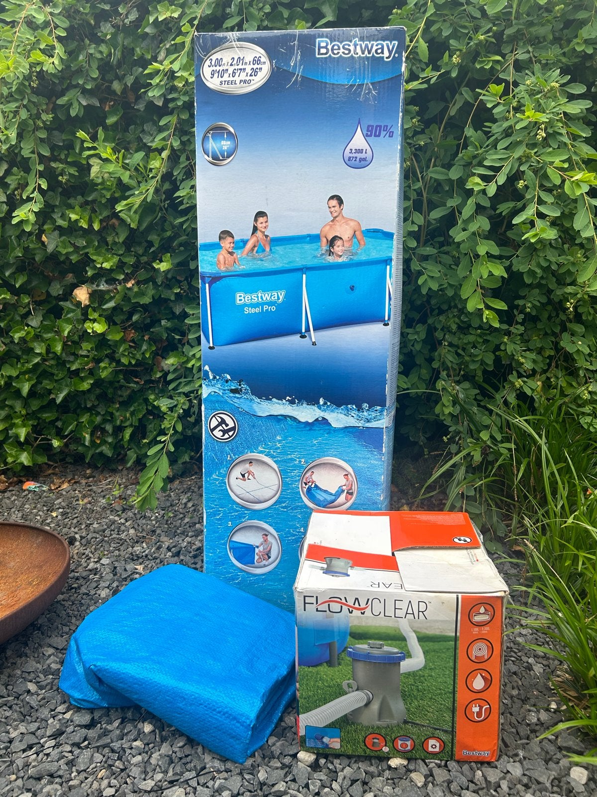 Bestway Steel Pro Opzetzwembad 3x2m, pomp en afdekzeil, Ophalen, Zo goed als nieuw, Opzetzwembad, 200 tot 400 cm