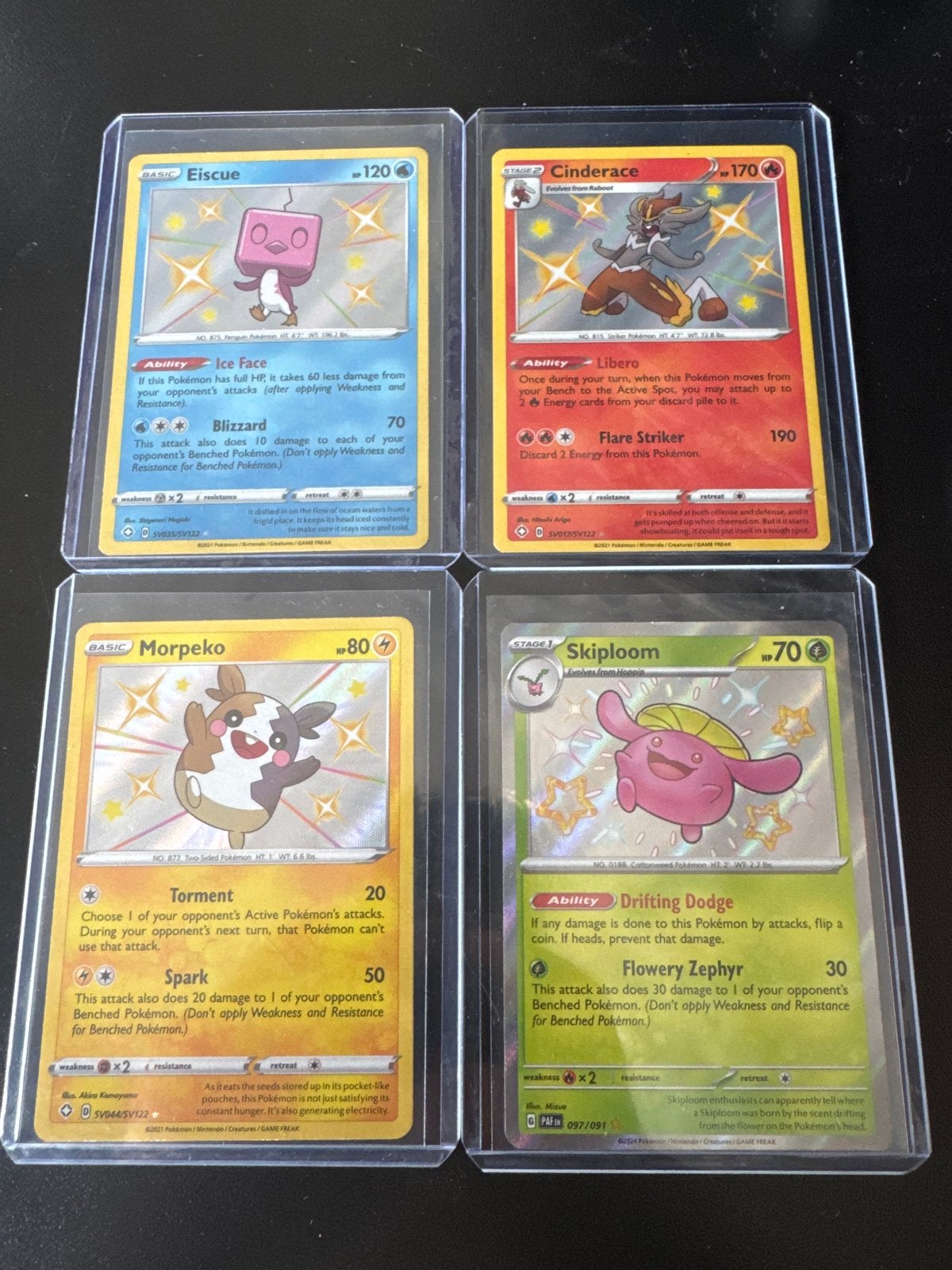 Pokémon Shiny Kaarten: Eiscue, Cinderace, Morpeko, Skiploom, Ophalen of Verzenden, Zo goed als nieuw, Meerdere kaarten, Foil
