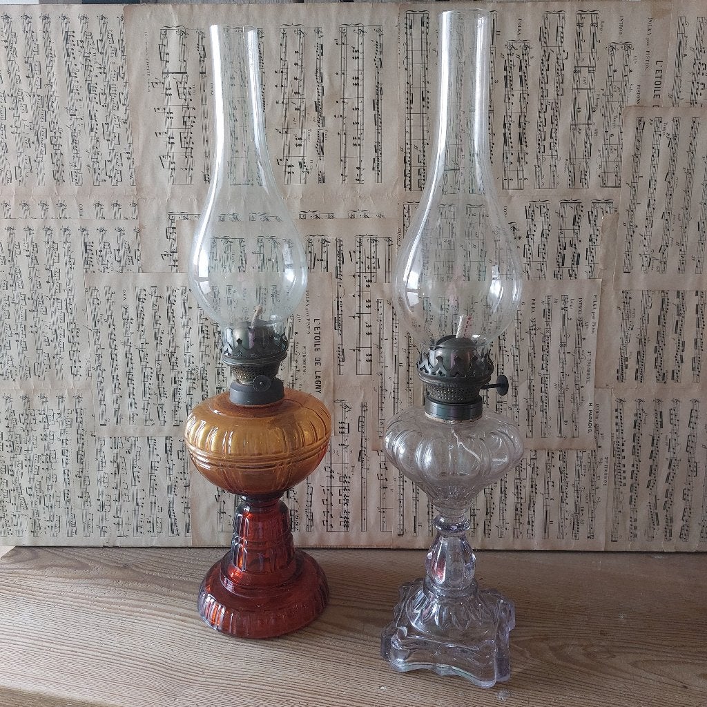 Prachtige art deco olielamp in amber en transparant persglas, Ophalen of Verzenden