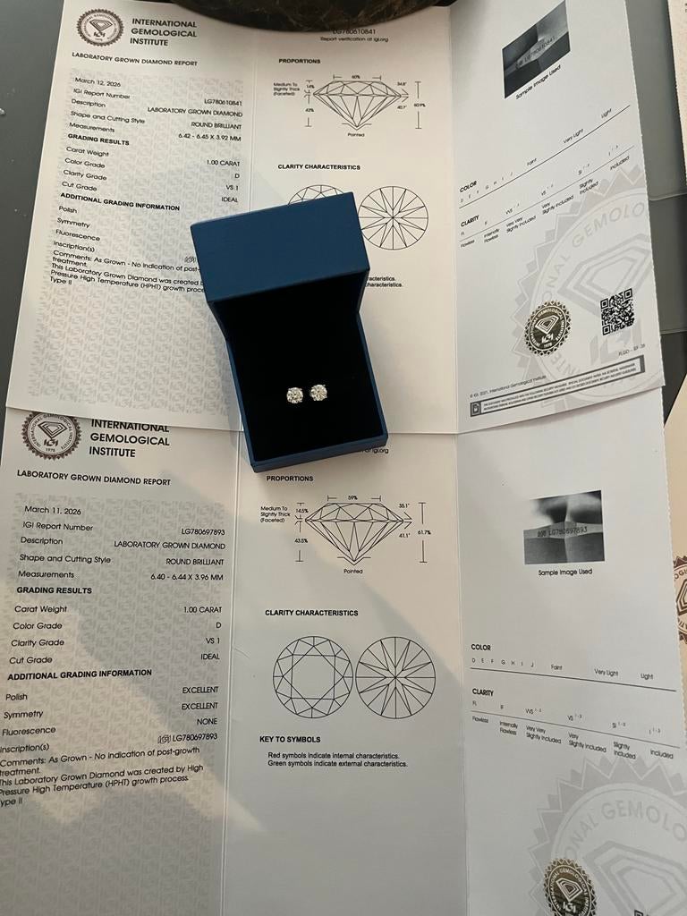 Labgrown diamond oorbellen 1 karaat. Mooi moederdagcadeau, Overige materialen, Wit, Nieuw, Ophalen of Verzenden