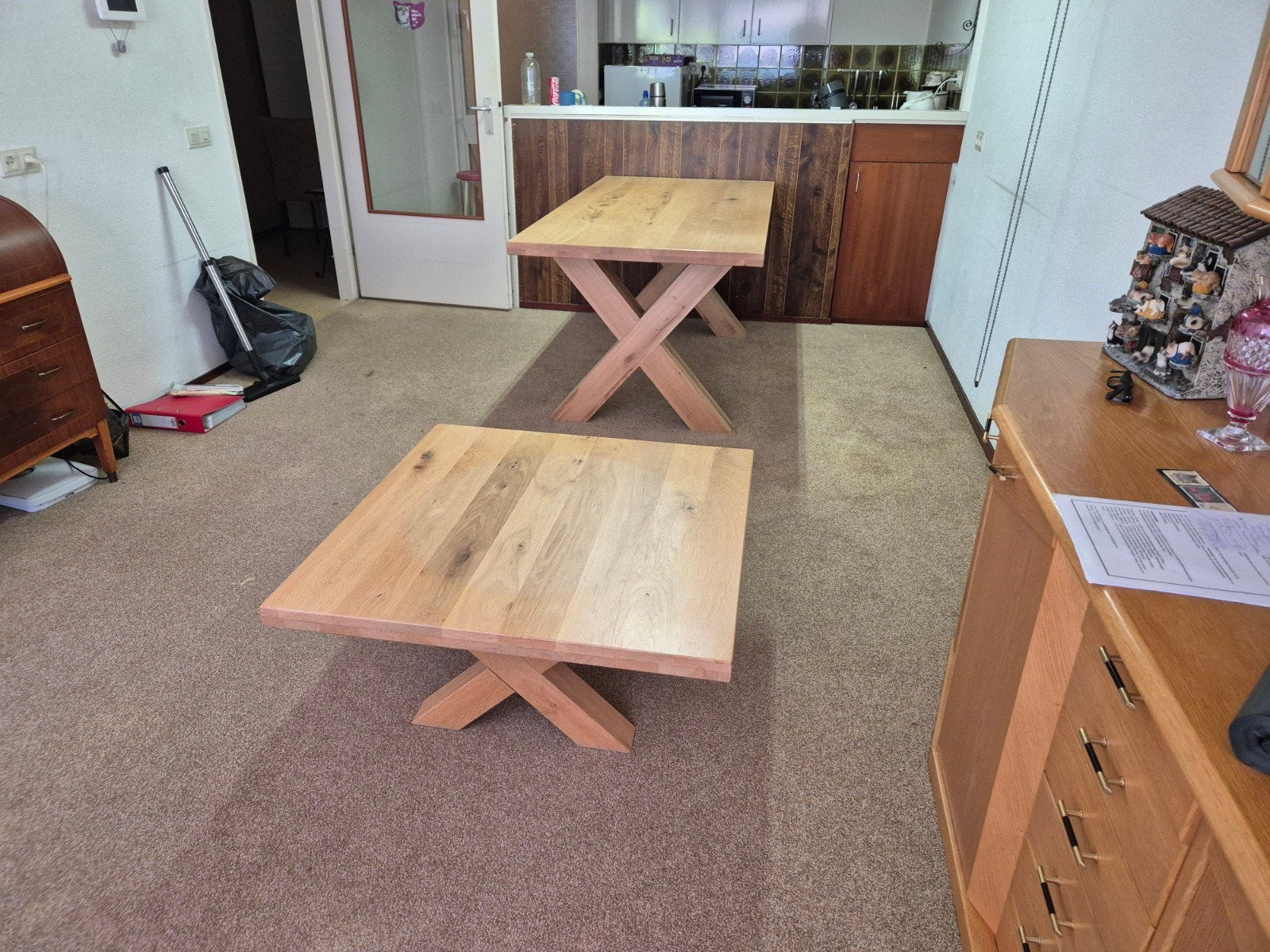 Massief Eiken Eettafel en Salontafel - Zeer Goede Kwaliteit, Huis en Inrichting, Tafels | Eettafels, 200 cm of meer, Zo goed als nieuw