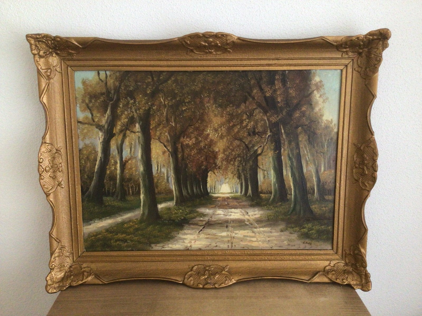 Schilderij F. Baks - Bosgezicht met laan (84x64 cm), Antiek en Kunst, Ophalen, Doek, Realistisch, Gesigneerd