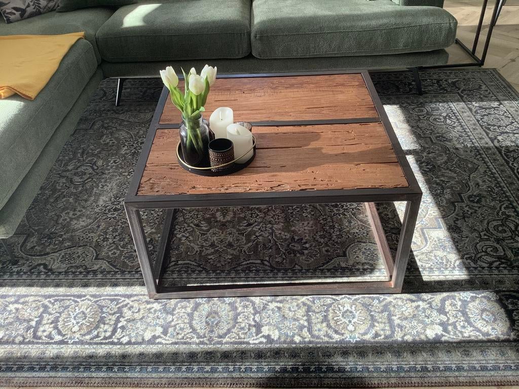 Industriële salontafel met ingelegd drijfhout afm. 80 x80 cm, Huis en Inrichting, Tafels | Salontafels, Ophalen, 50 tot 100 cm