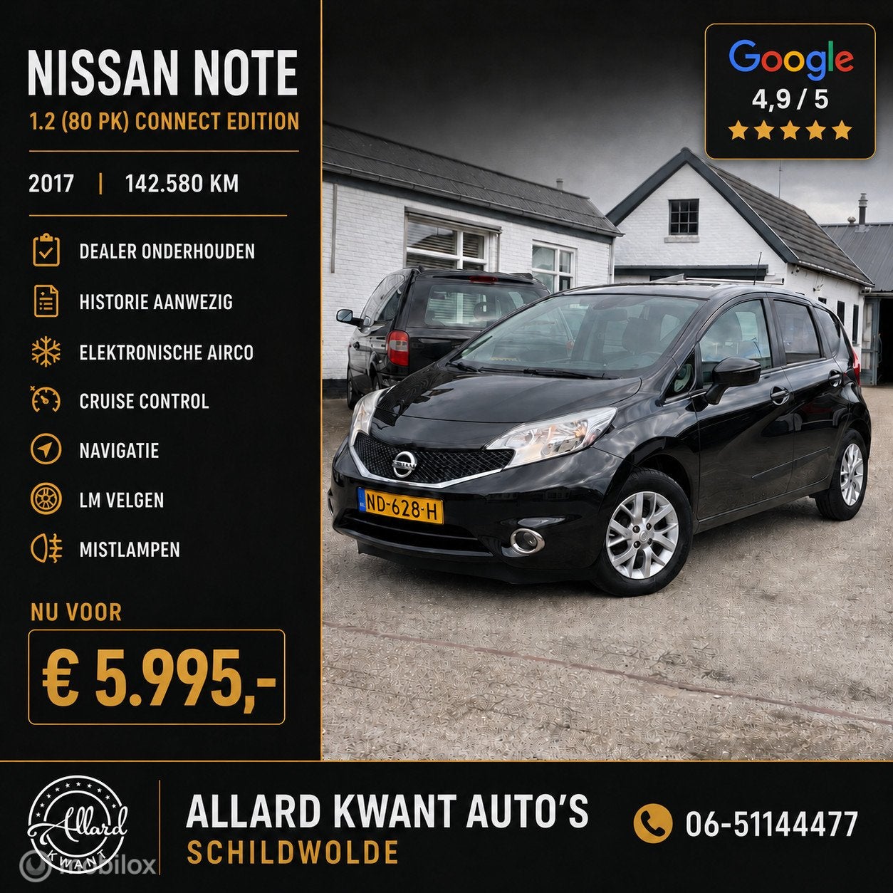 Nissan Note 1.2 (80pk) Connect Edition/Clima/Cruise/Navi, Auto's, Euro 6, 1198 cc, Zwart, Bedrijf