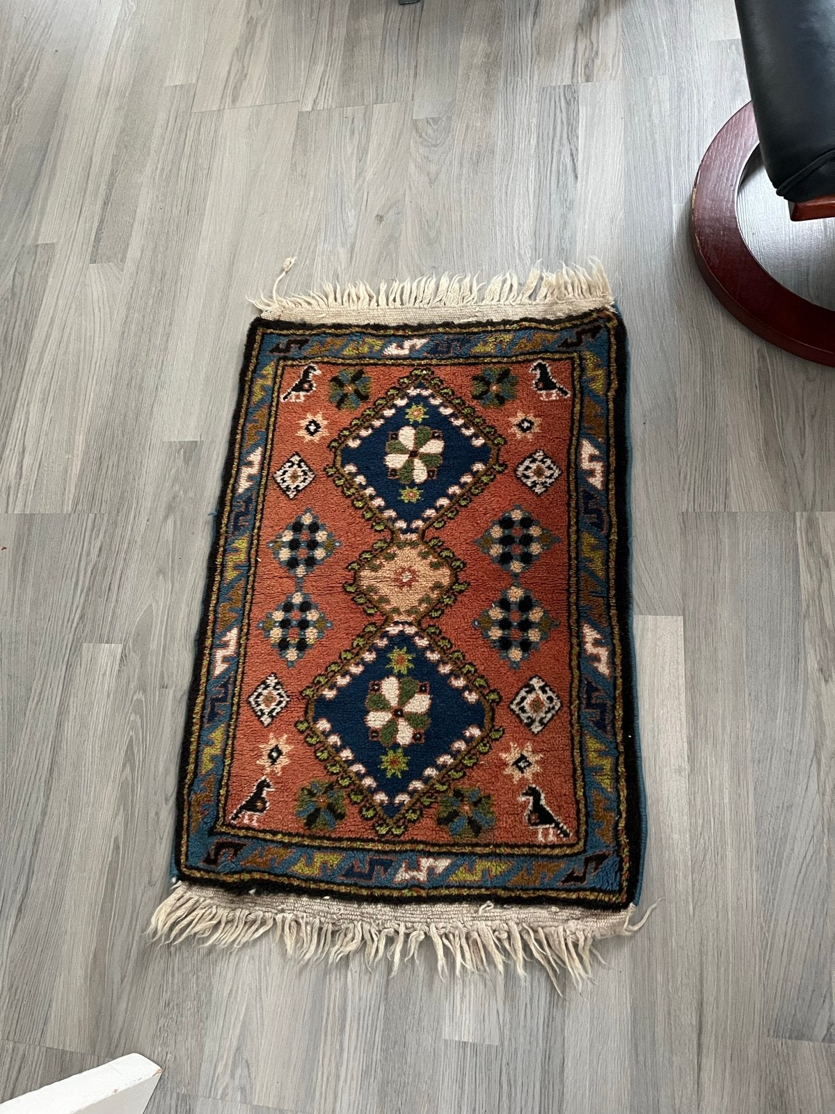 Vintage Oosters Vloerkleed - Handgeknoopt Tapijt.  56x82cm, Huis en Inrichting, Minder dan 50 cm, Gebruikt, 50 tot 100 cm, Oranje