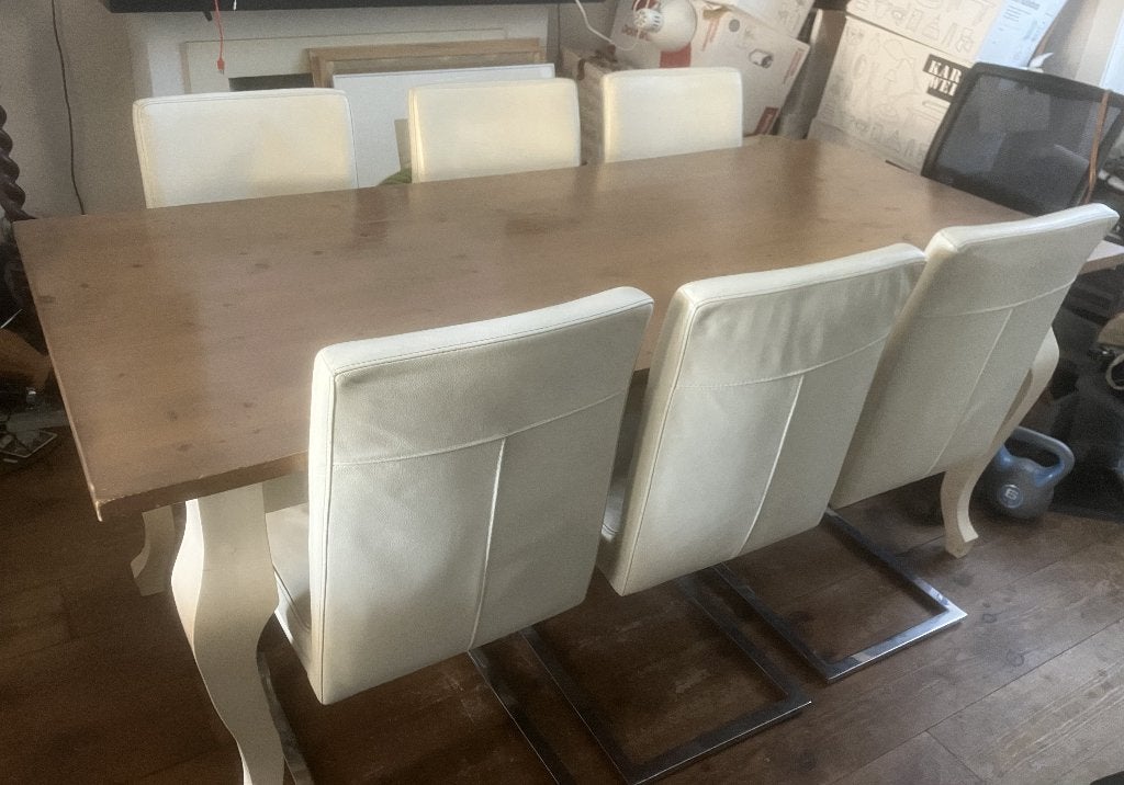 Landelijke eettafel met 6 design stoelen (moderne mix), Ophalen, Gebruikt, Modern, klassiek., 50 tot 100 cm