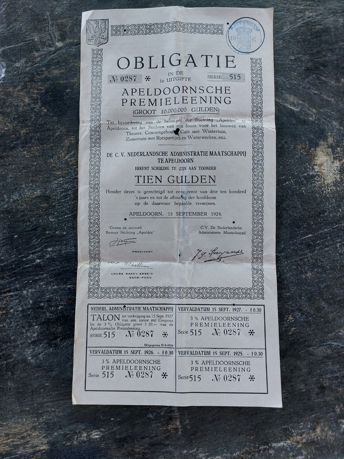 Oude Apeldoornsche Premieobligatie - 1924, Ophalen of Verzenden, 1920 tot 1950, Obligatie of Lening
